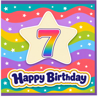 7th Birthday Card, Colourful Rainbow Star Happy Birthday Card