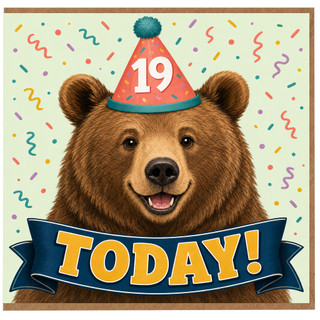 19th Birthday Card, Bear Party Hat Today Design