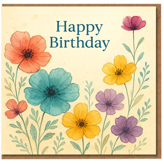 Happy Birthday Card - Floral Watercolour Wildflowers Design - Elegant Greeting Card for Friends and Family