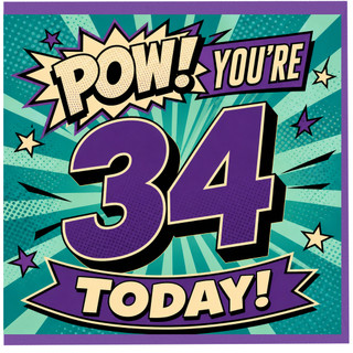 34th Birthday Card, You're 34 Today Comic Book Style Birthday Card