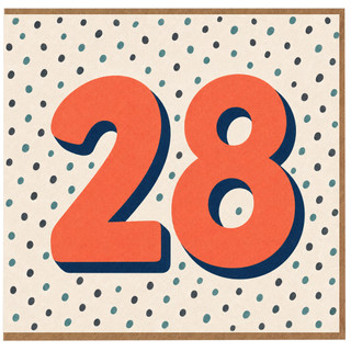 28th Birthday Card, Large Number 28 Birthday Card with Polka Dot Background