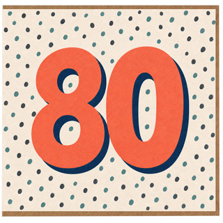 80th Birthday Card, Bold Orange Number 80 on Polka Dot Background