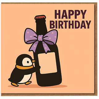 Cute Penguin with Gift Bottle Happy Birthday Card - Fun Illustrated Birthday Card for Friends, Family, Him or Her