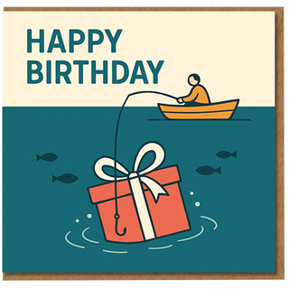Funny Fishing Birthday Card - Hooked Gift Illustration for Anglers, Dad, Grandad, Husband or Friend - Boat and Present Design