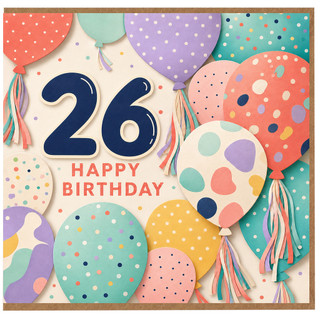26th Birthday Card, Happy Birthday Balloon Design Card