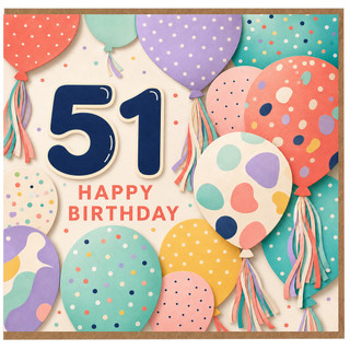 51st Birthday Card, Happy Birthday Balloons and Confetti Design