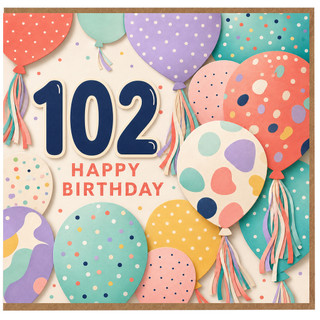 102nd Birthday Card, Colourful Balloons and Confetti Design