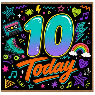 10th Birthday Card, 10 Today Neon Retro Design