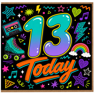 13th Birthday Card, Today Neon Retro Teen Birthday Card