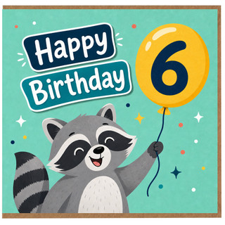6th Birthday Card, Cute Raccoon Happy Birthday Card