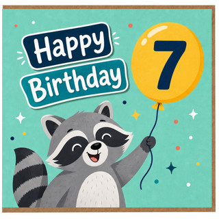 7th Birthday Card, Cute Raccoon Happy Birthday Card
