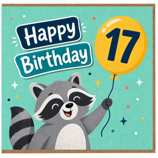 17th Birthday Card, Cute Raccoon Balloon Happy Birthday Card