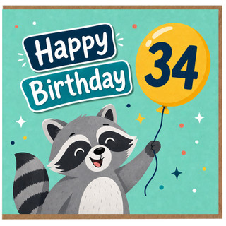 34th Birthday Card, Cute Raccoon Balloon Happy Birthday Card