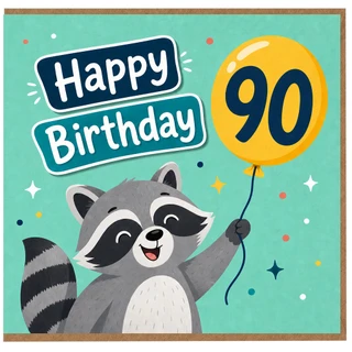 90th Birthday Card, Happy Birthday Raccoon Balloon Card
