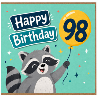 98th Birthday Card, - Cute Raccoon Balloon Happy Birthday Card