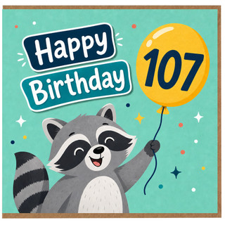 107th Birthday Card, Cute Raccoon Happy Birthday Balloon Design