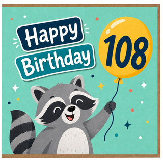 108th Birthday Card, Cute Raccoon Happy Birthday Card