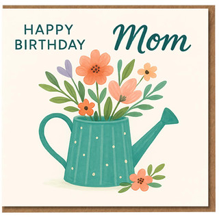 Happy Birthday Mom Card, Floral Watercolour Watering Can Design, Garden Flowers Illustration, Greeting Card for Mother with Envelope