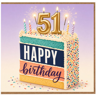 51st Birthday Card, Happy Birthday Cake Design Card