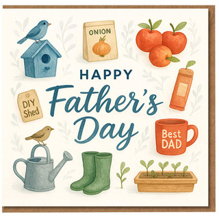 Father's Day Card for Dad - Cute Gardening and DIY Design with Birds, Wellies, Seedlings and Best Dad Mug - Illustrated Father's Day Greeting Card