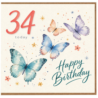 34th Birthday Card, 34 Today Happy Birthday Butterfly Card