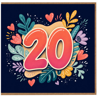 20th Birthday Card, Colourful Floral Heart Design
