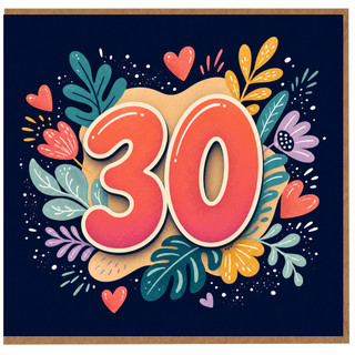30th Birthday Card, Colourful Floral Hearts Design