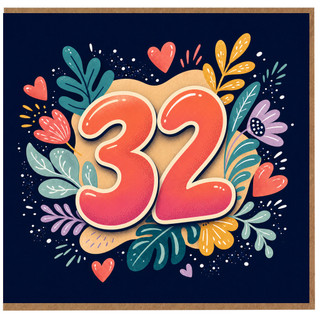 32nd Birthday Card, Colourful Floral Hearts Design