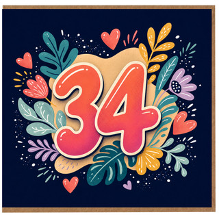 34th Birthday Card, Colourful Floral Heart Design