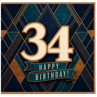 34th Birthday Card, Happy Birthday Art Deco Design