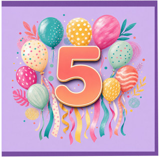 5th Birthday Card, Colourful Balloons and Confetti Design