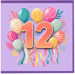 12th Birthday Card, Colourful Balloons and Streamers Design