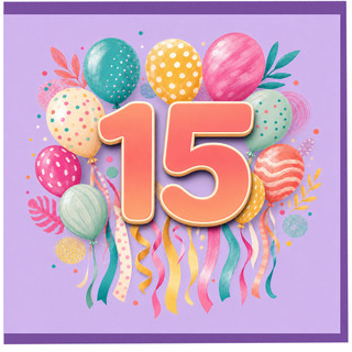15th Birthday Card, Colourful Balloons and Confetti Design