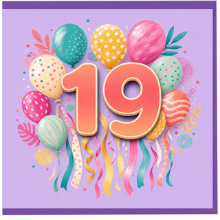 19th Birthday Card, Colourful Balloons and Ribbons Design