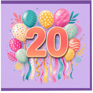 20th Birthday Card, Colourful Balloons and 20 Design