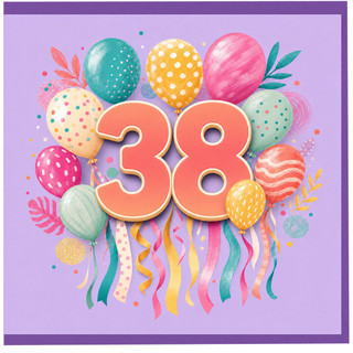 38th Birthday Card, Colourful Balloons and Confetti Celebration Card