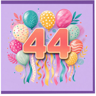 44th Birthday Card, Colourful Balloons and Confetti Design