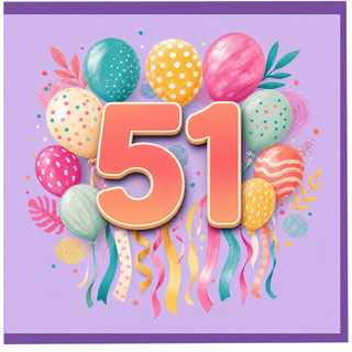 51st Birthday Card, Colourful Balloons and Confetti Design