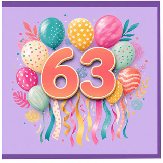 63rd Birthday Card, Colourful Balloons and Confetti Design