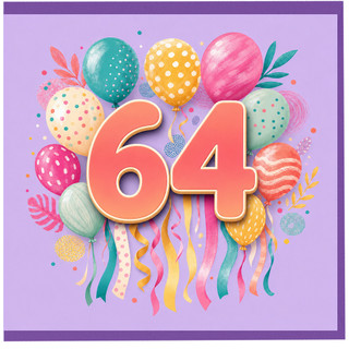 64th Birthday Card, Colourful Balloon and Ribbon Design
