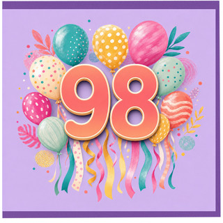 98th Birthday Card, Colourful Balloons and Streamers