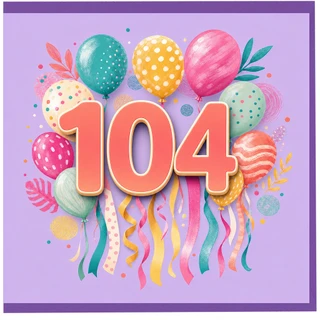 104th Birthday Card, Colourful Balloons and Ribbons Design