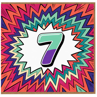 7th Birthday Card, Colourful Comic Burst Design
