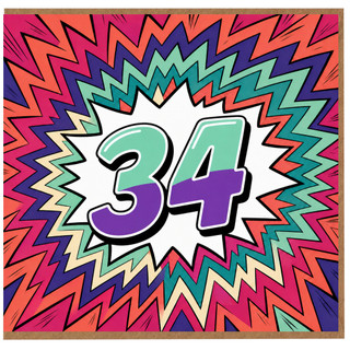 34th Birthday Card, Colourful Comic - Style Starburst Number 34 Card