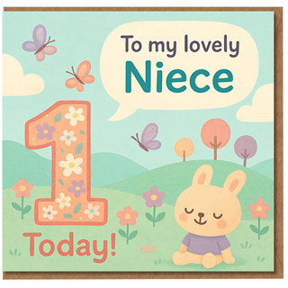 Niece 1st Birthday Card - To My Lovely Niece, 1 Today - Cute Bunny, Flowers and Butterflies - Sweet Pastel Card for Age 1 Girl