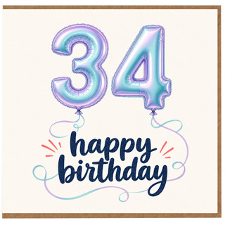 34th Birthday Card, Happy Birthday Balloon Design