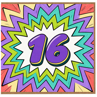 16th Birthday Card, Colourful Retro Comic Style Number 16 Card