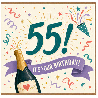 55th Birthday Card, Festive Champagne and Confetti Birthday Card