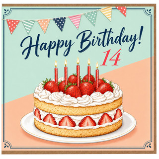 14th Birthday Card, Happy Birthday Strawberry Cake Design