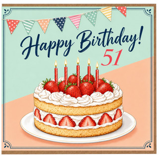 51st Birthday Card, Happy Birthday Strawberry Cake Design